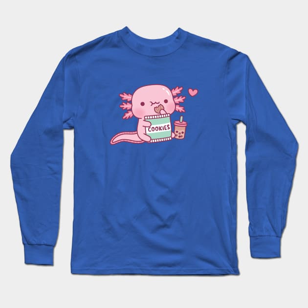 Cute Axolotl Snack On Cookies And Bubble Tea Long Sleeve T-Shirt by rustydoodle